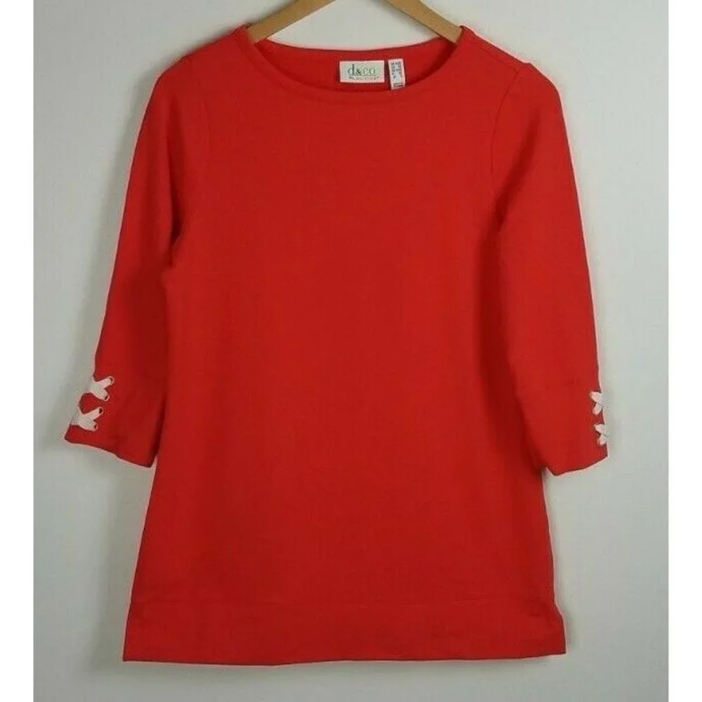 Denim & Co. Sz. XXS French Terry 3/4-Sleeve Boatneck Lace Up Sleeve Tunic Red - Picture 1 of 5